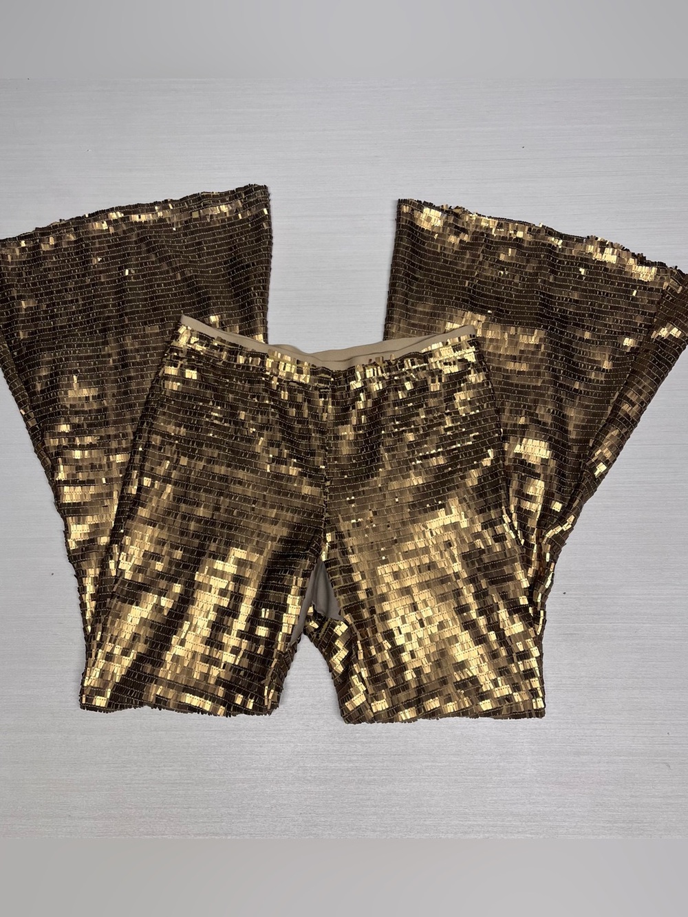 Free People Gold Party Flare Bell Bottom Sequin Pants.